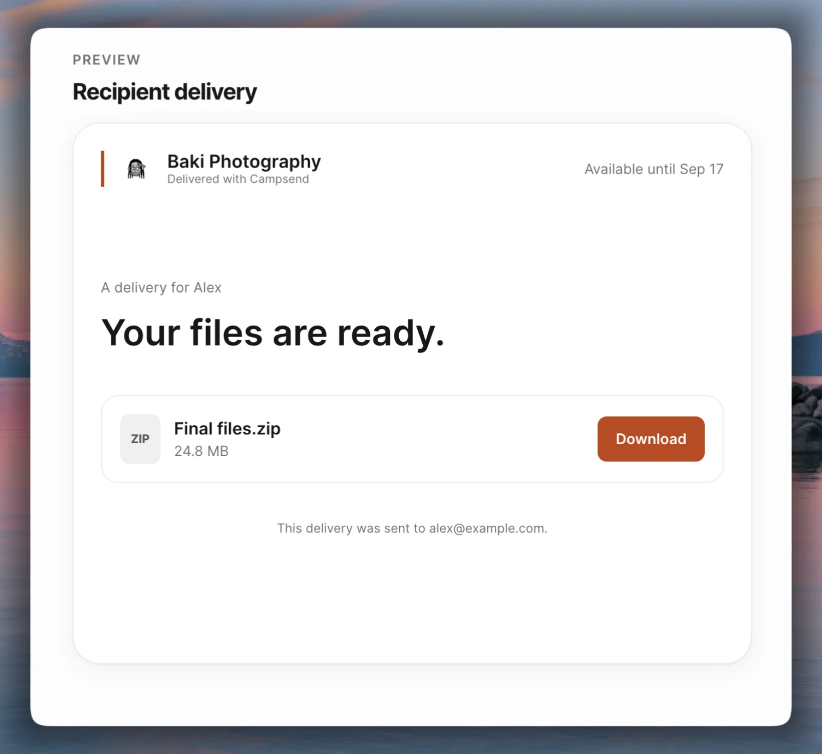 A Campsend delivery page branded for Baki Photography, telling Alex their files are ready, with Final files.zip at 24.8 MB and a download button in the studio's own colour