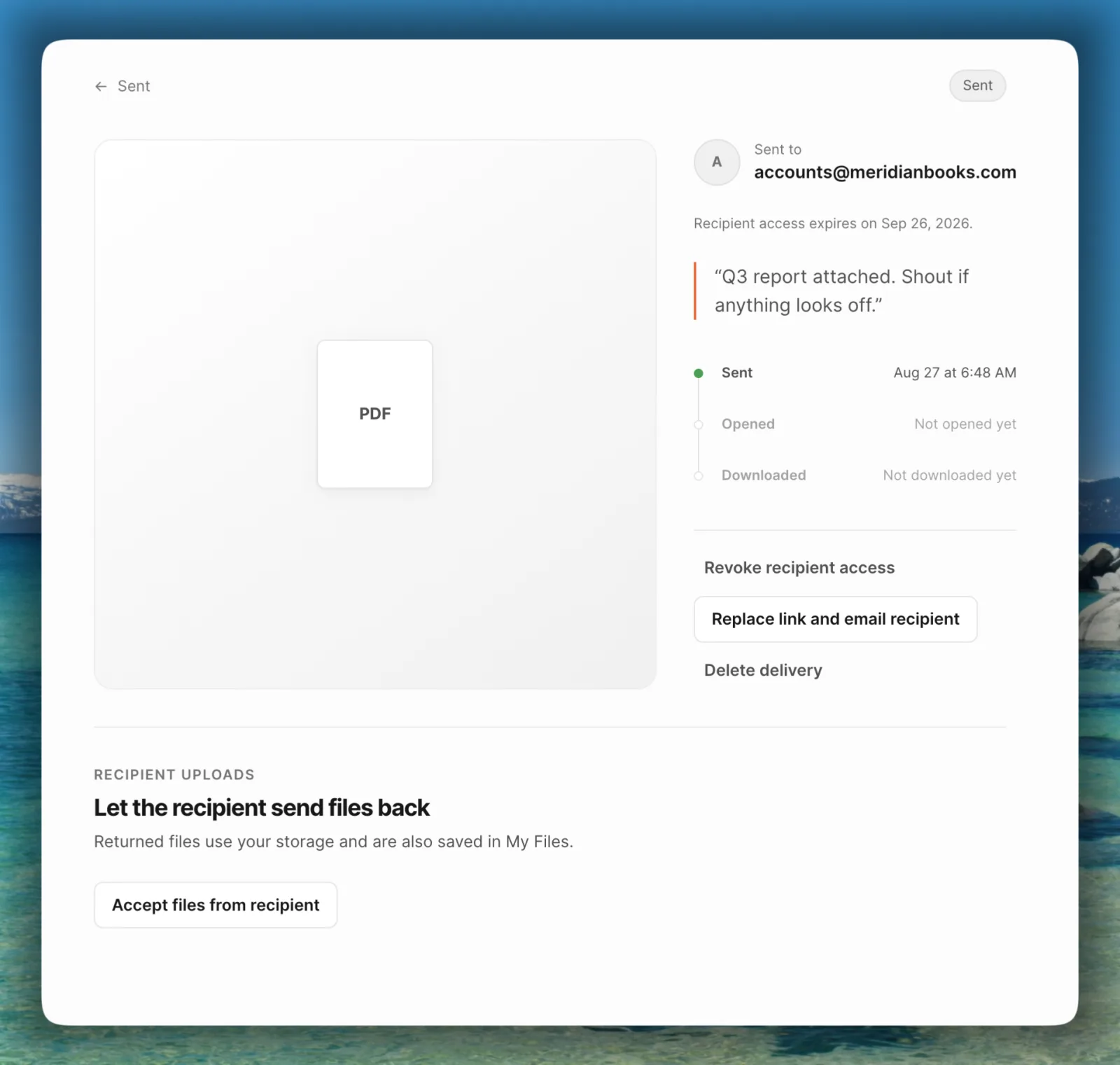 A Campsend delivery of a Q3 report, showing that recipient access expires on September 26 2026, with controls to revoke access, replace the link, or delete the delivery