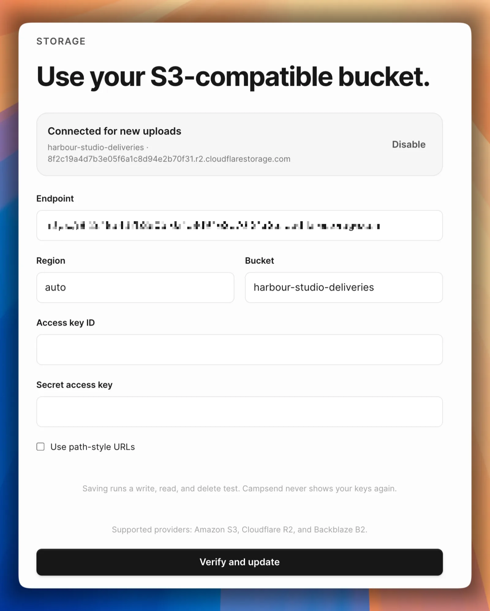 Campsend's storage settings connected to a Cloudflare R2 bucket named harbour-studio-deliveries, with fields for endpoint, region, bucket, and keys